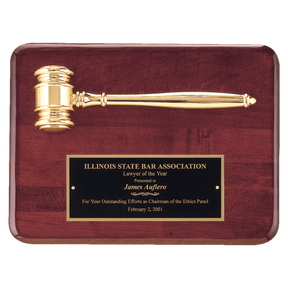 9" x 12" Rosewood Piano Finish Plaque with a Gold Electroplated Gavel and Laserable Black Brass Plate for Personalization