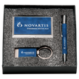 Blue Marbleized Leather Gift Set/Pen, Keychain, Business Card Holder