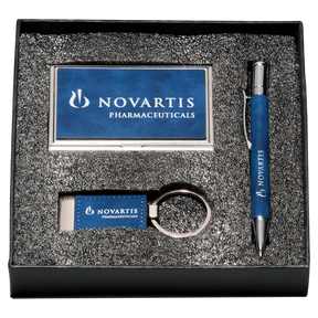 Blue Marbleized Leather Gift Set/Pen, Keychain, Business Card Holder