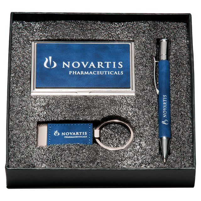 Blue Marbleized Leather Gift Set/Pen, Keychain, Business Card Holder