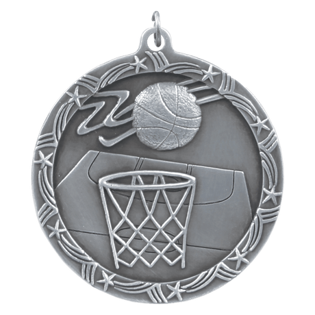 Antique Silver 2 1/2" Basketball Shooting Star Medal