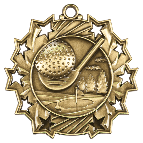 Antique Gold 2 1/4" Golf Ten Star Medal