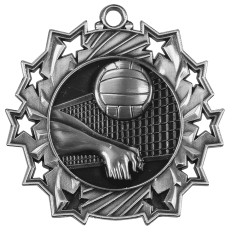 Antique Silver 2 1/4" Volleyball Ten Star Medal