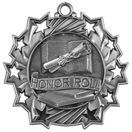 Antique Silver 2 1/4" Honor Roll Ten Star Medal