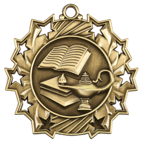 Antique Gold 2 1/4" Lamp of Knowledge Ten Star Medal
