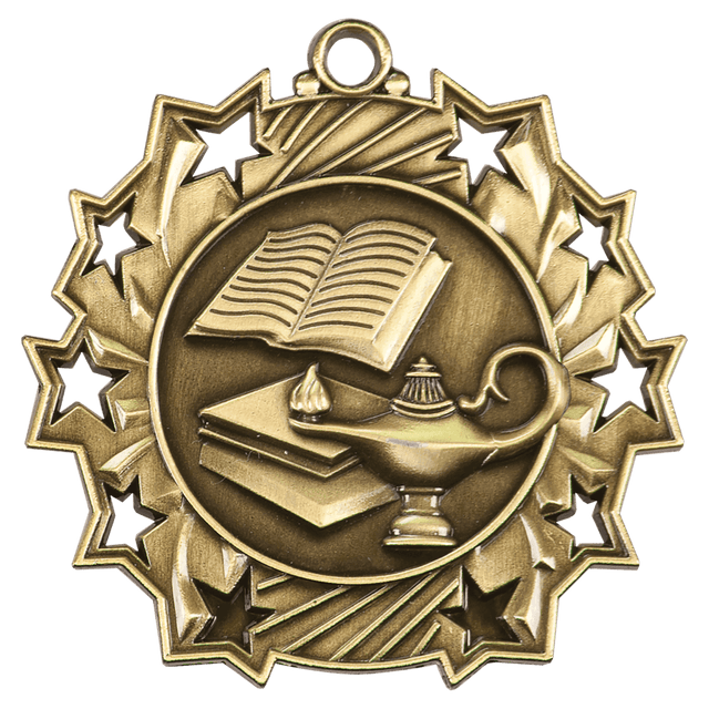 Antique Gold 2 1/4" Lamp of Knowledge Ten Star Medal