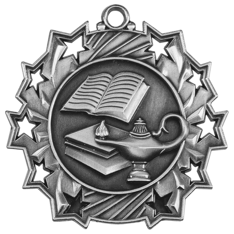 Antique Silver 2 1/4" Lamp of Knowledge Ten Star Medal