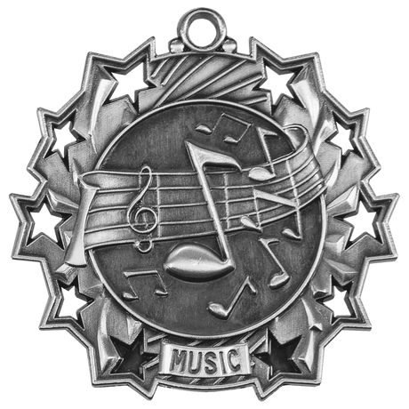Antique Silver 2 1/4" Music Ten Star Medal