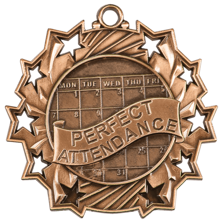 Antique Bronze 2 1/4" Perfect Attendance Ten Star Medal