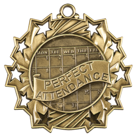 Antique Gold 2 1/4" Perfect Attendance Ten Star Medal