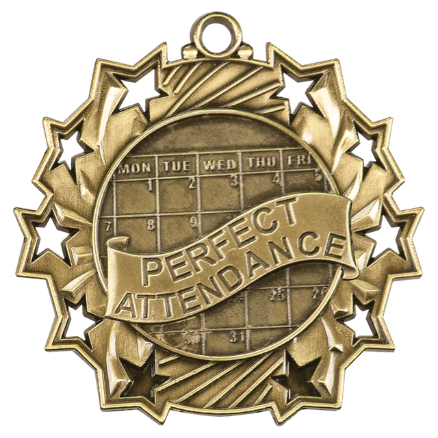 Antique Gold 2 1/4" Perfect Attendance Ten Star Medal