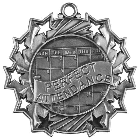 Antique Silver 2 1/4" Perfect Attendance Ten Star Medal