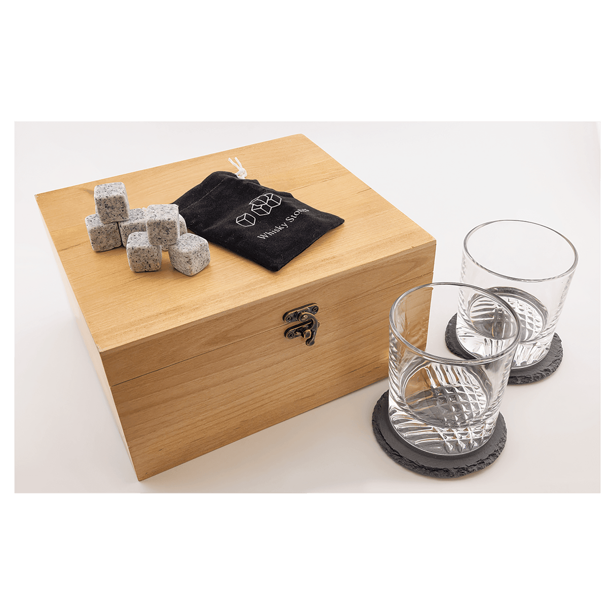  Red Alder Whiskey Set with Two 9 oz. Glasses, Two 4" Slate Coasters, and Eight Granite Whiskey Stones with a Black Velvet Bag