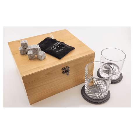 Red Alder Whiskey Set with Two 9 oz. Glasses, Two 4" Slate Coasters, and Eight Granite Whiskey Stones with Black Velvet Bag