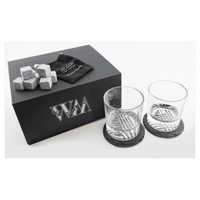 Lazerburst Whiskey Set with Two 9 oz. Glasses, Two 4" Slate Coasters, and Eight Granite Whiskey Stones with a Black Velvet Bag