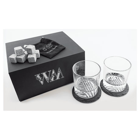 Lazerburst Whiskey Set with Two 9 oz. Glasses, Two 4" Slate Coasters, and Eight Granite Whiskey Stones with a Black Velvet Bag