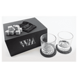 Lazerburst Whiskey Set with Two 9 oz. Glasses, Two 4" Slate Coasters, and Eight Granite Whiskey Stones with Black Velvet Bag