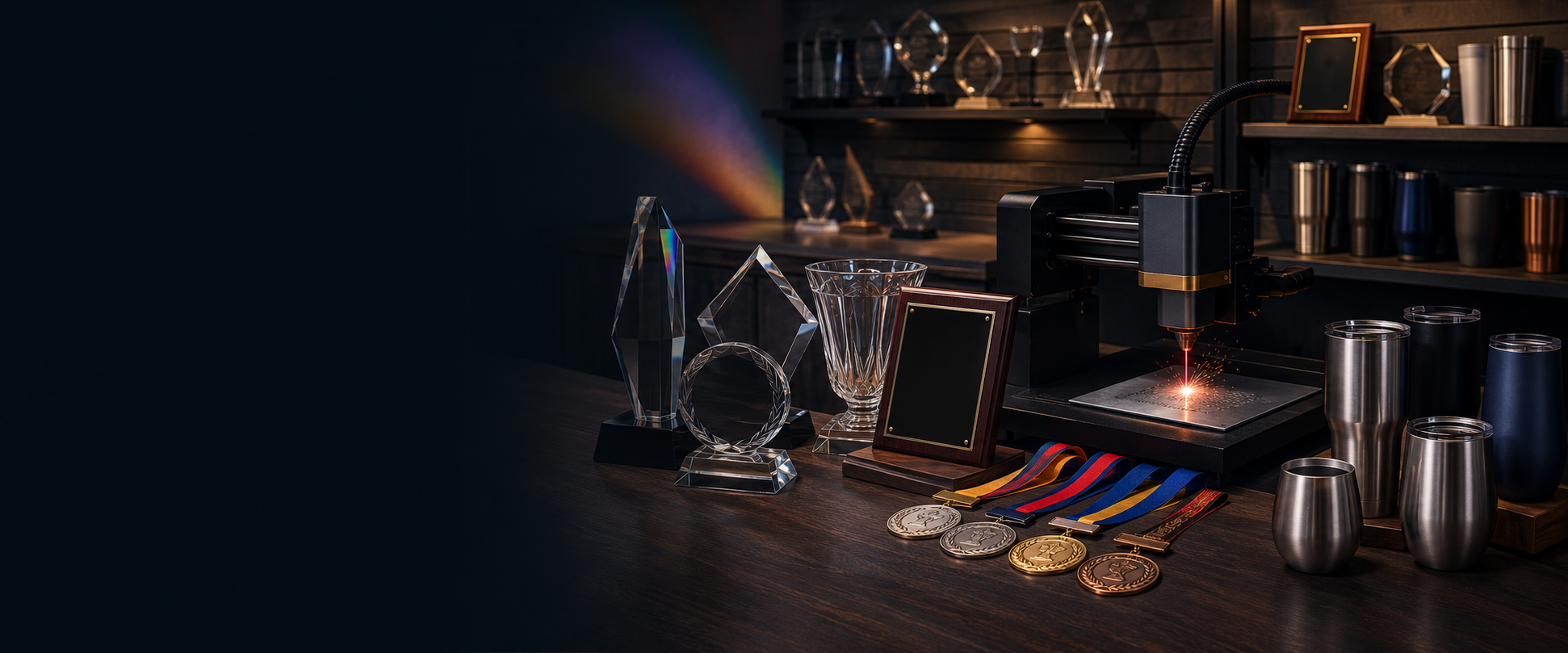 Crystal awards, plaques, medals and drinkware in the Rainbow Engraving LLC workshop